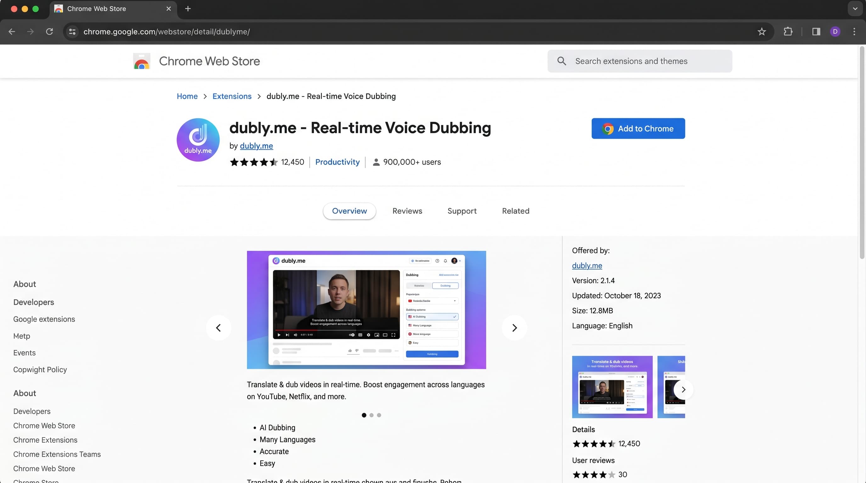 Settu upp dubly.me frá Chrome Web Store